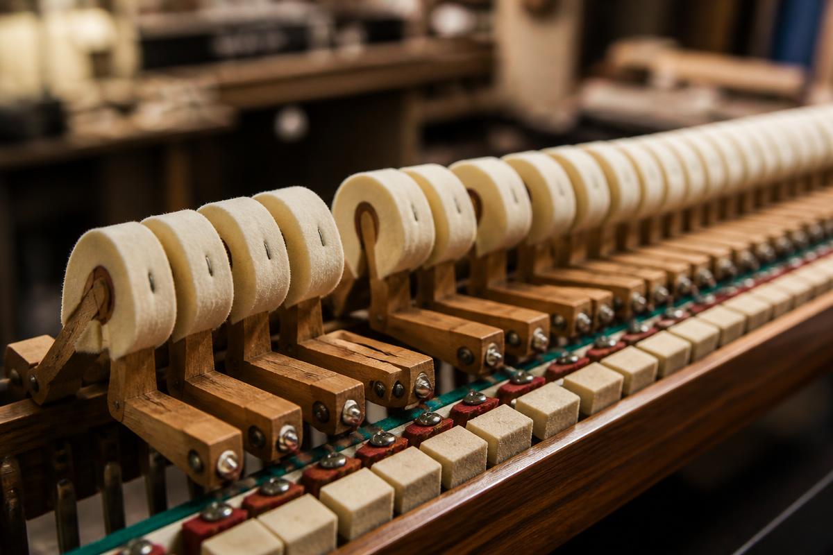 Close-up of piano action hammers and felt during repair