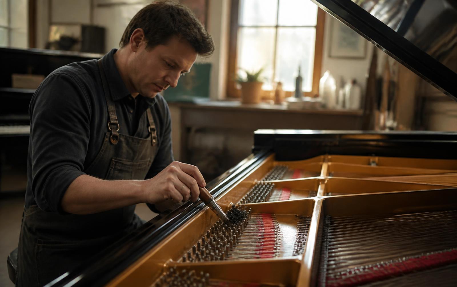 Piano technician tuning the strings of an open grand piano